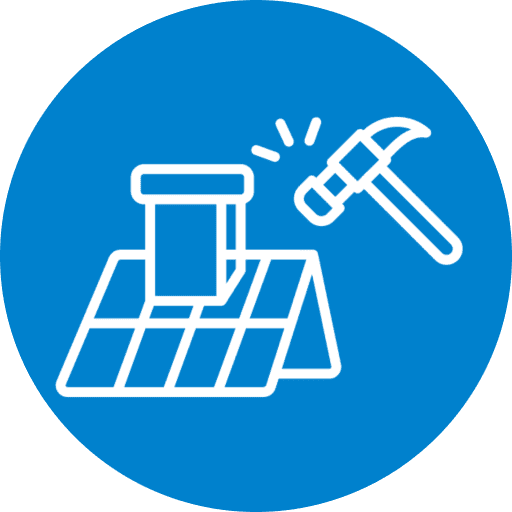 Icon of hammer and roof on blue background.