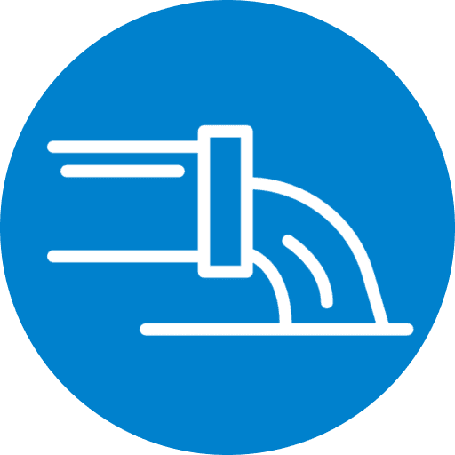 White pipe icon on blue circle background.