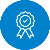 Blue award icon with checkmark and ribbon.