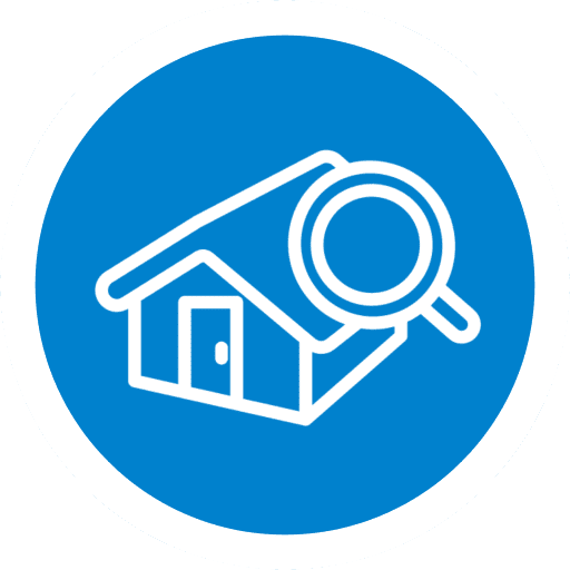 House icon with magnifying glass, blue background.