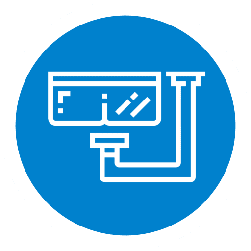 Surveillance camera icon on blue circle.