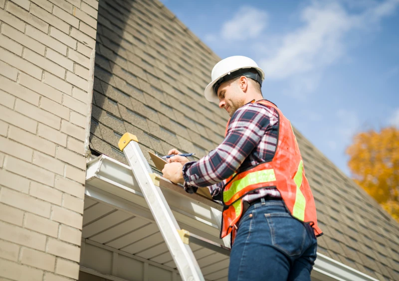 Worker inspecting roof on a ladder.