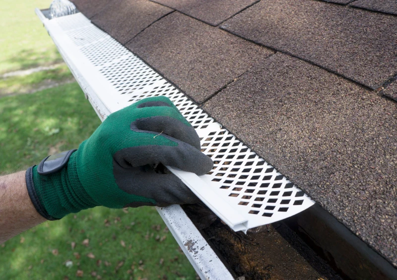 Installing a gutter guard on roof edge.