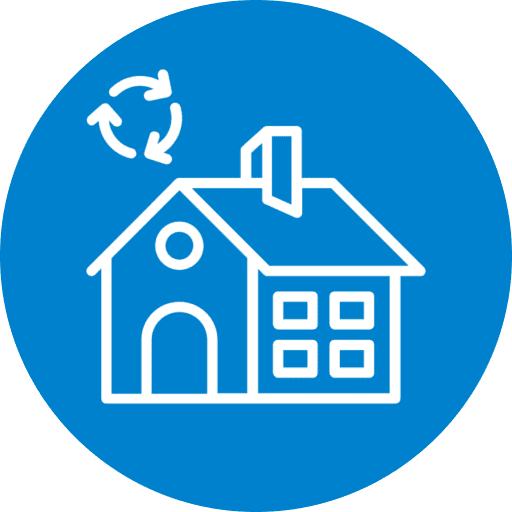 House with recycling symbol on blue background.